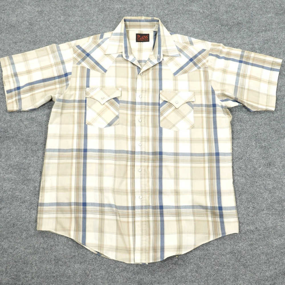 Plains Western‎ Wear Shirt Mens Large Tan Blue Plaid Pearl Snap Short Sleeve